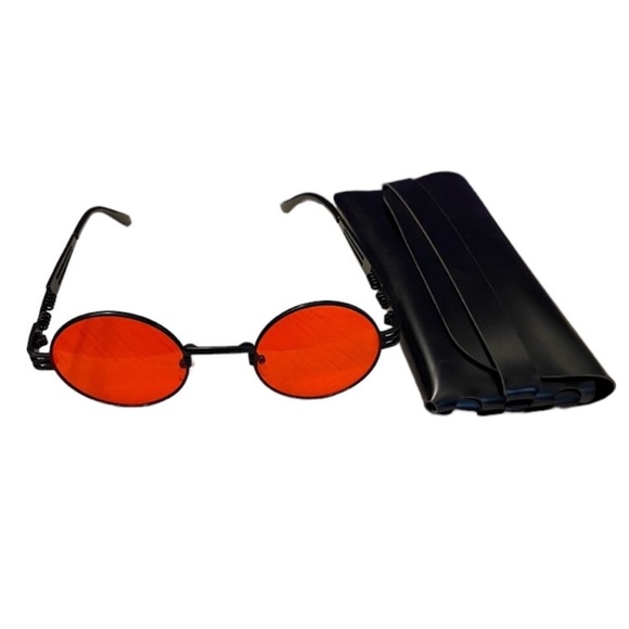Black & red round shape gothic steam punk sunglasses + black leather pouch - Picture 8 of 15